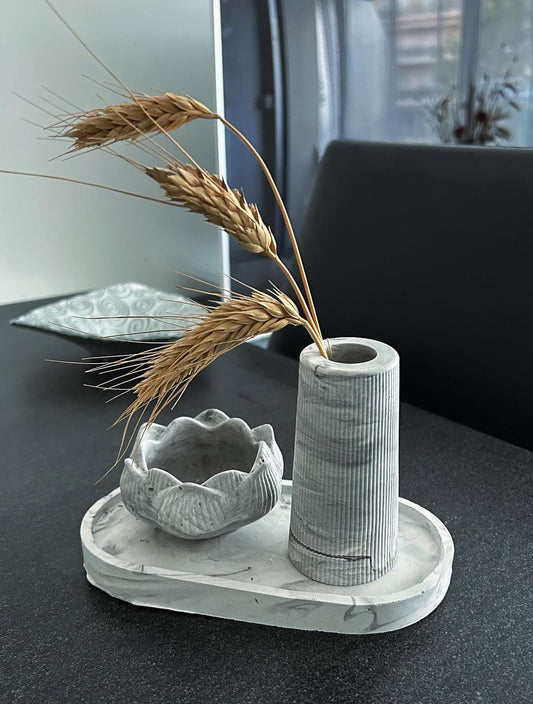 Ensemble effet marbre,plateau,vase & photophore